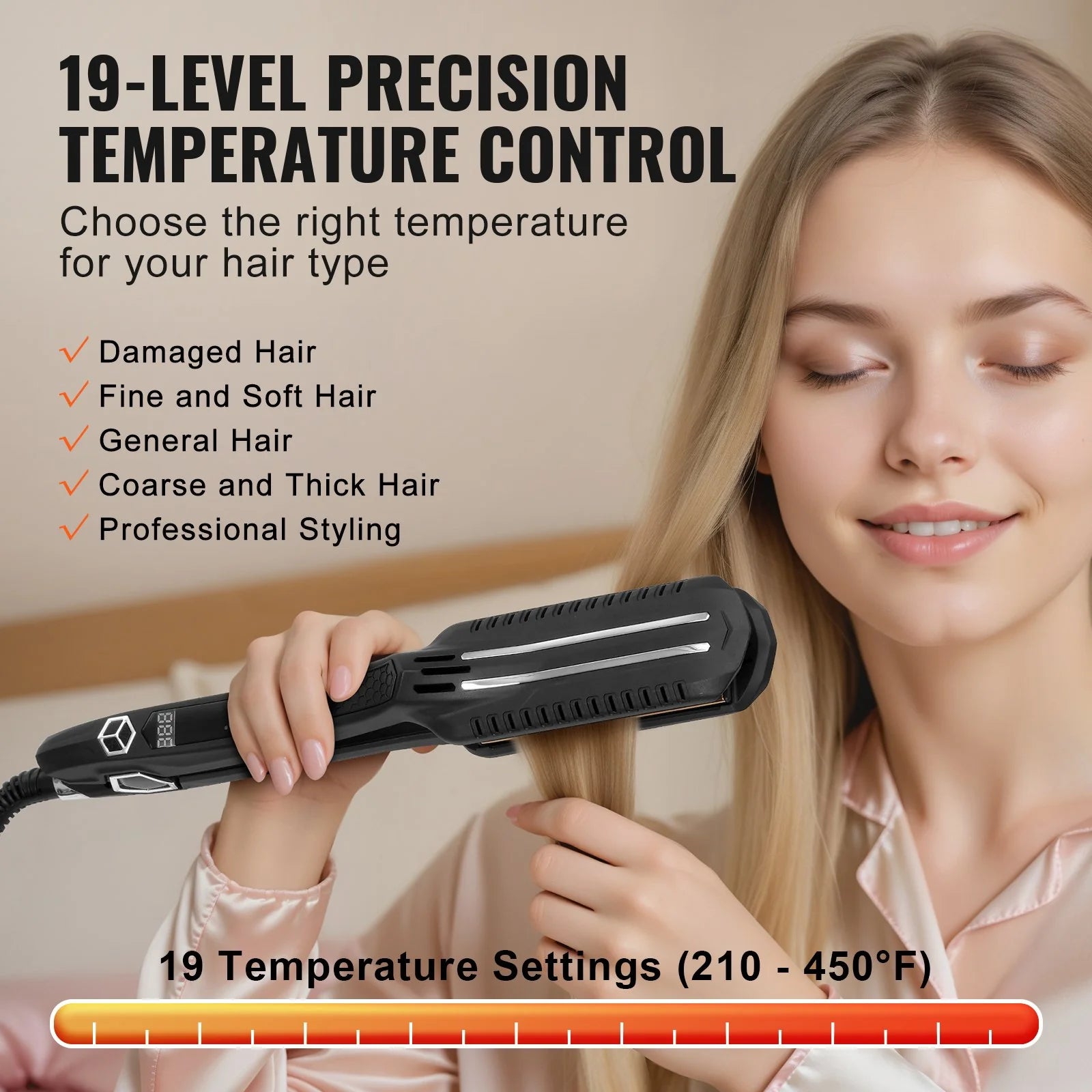 VEVOR Professional 1.5-Inch Titanium Hair Straightener with Dual Infrared Technology, LCD Display, 19 Temperature Settings (210°F to 450°F), Dual Voltage (110V/240V) for Salon, Home, and Travel Use