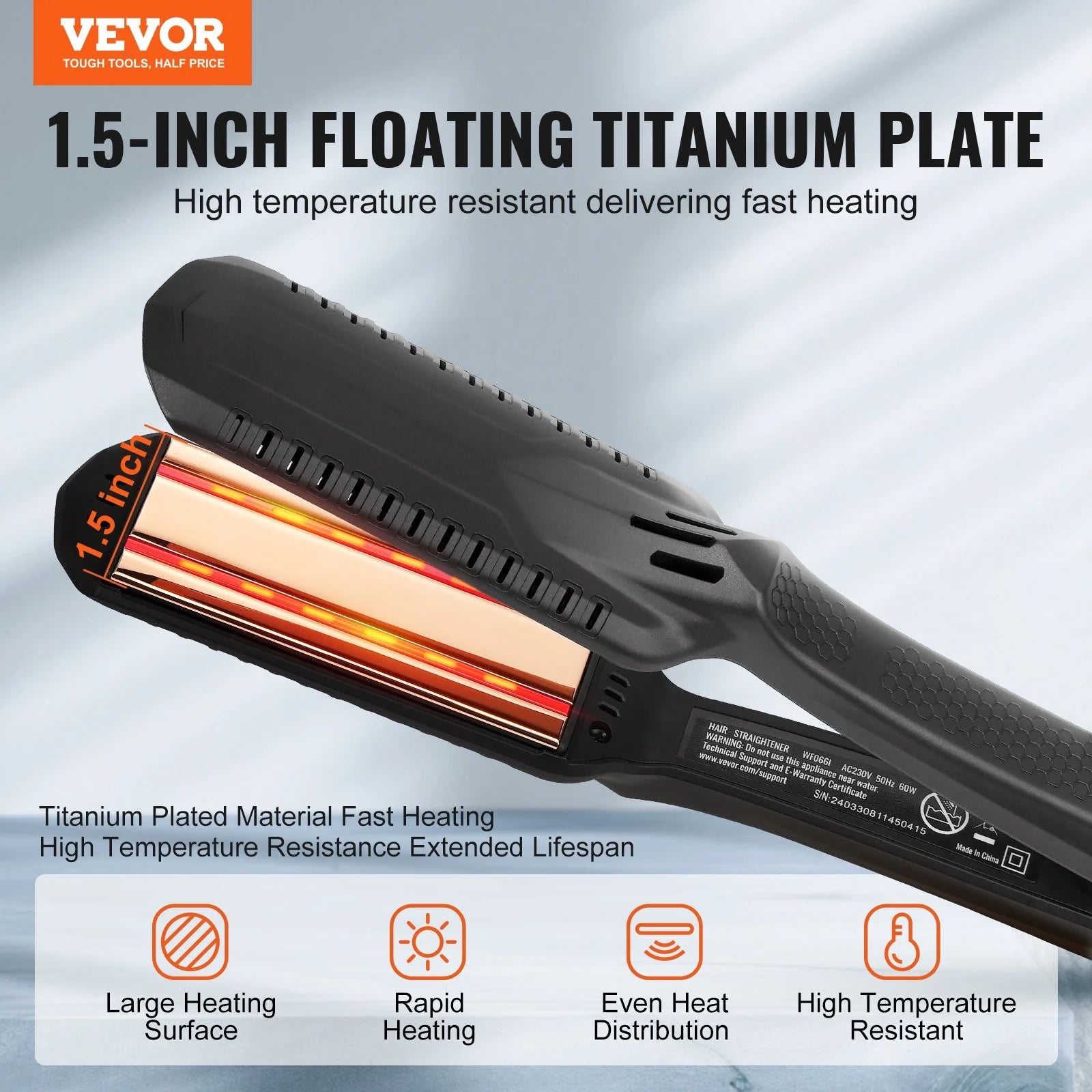 VEVOR Professional 1.5-Inch Titanium Hair Straightener with Dual Infrared Technology, LCD Display, 19 Temperature Settings (210°F to 450°F), Dual Voltage (110V/240V) for Salon, Home, and Travel Use