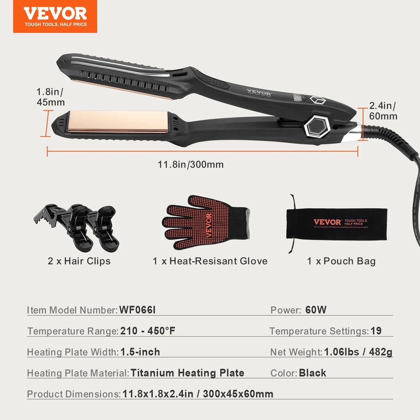 VEVOR Professional 1.5-Inch Titanium Hair Straightener with Dual Infrared Technology, LCD Display, 19 Temperature Settings (210°F to 450°F), Dual Voltage (110V/240V) for Salon, Home, and Travel Use