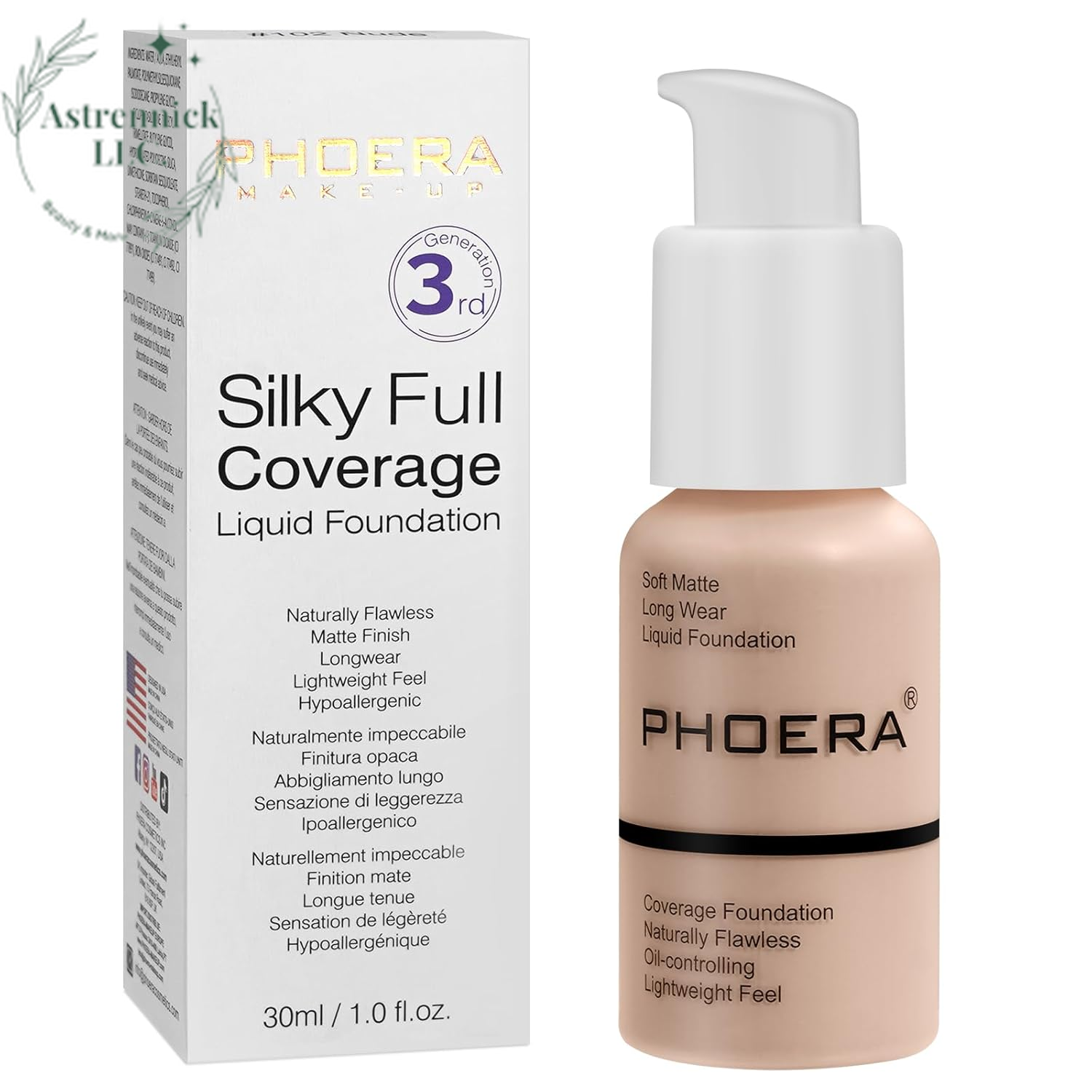 PHOERA Full Coverage Matte Liquid Foundation - Flawless 24HR Oil Control Concealer for Women (30ml, Shade 102 - Nude)