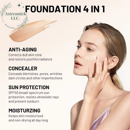 4-in-1 Hydrating Foundation with Medium Full Coverage, Concealer, SPF 50+, Longwearing Waterproof Formula for Natural Finish