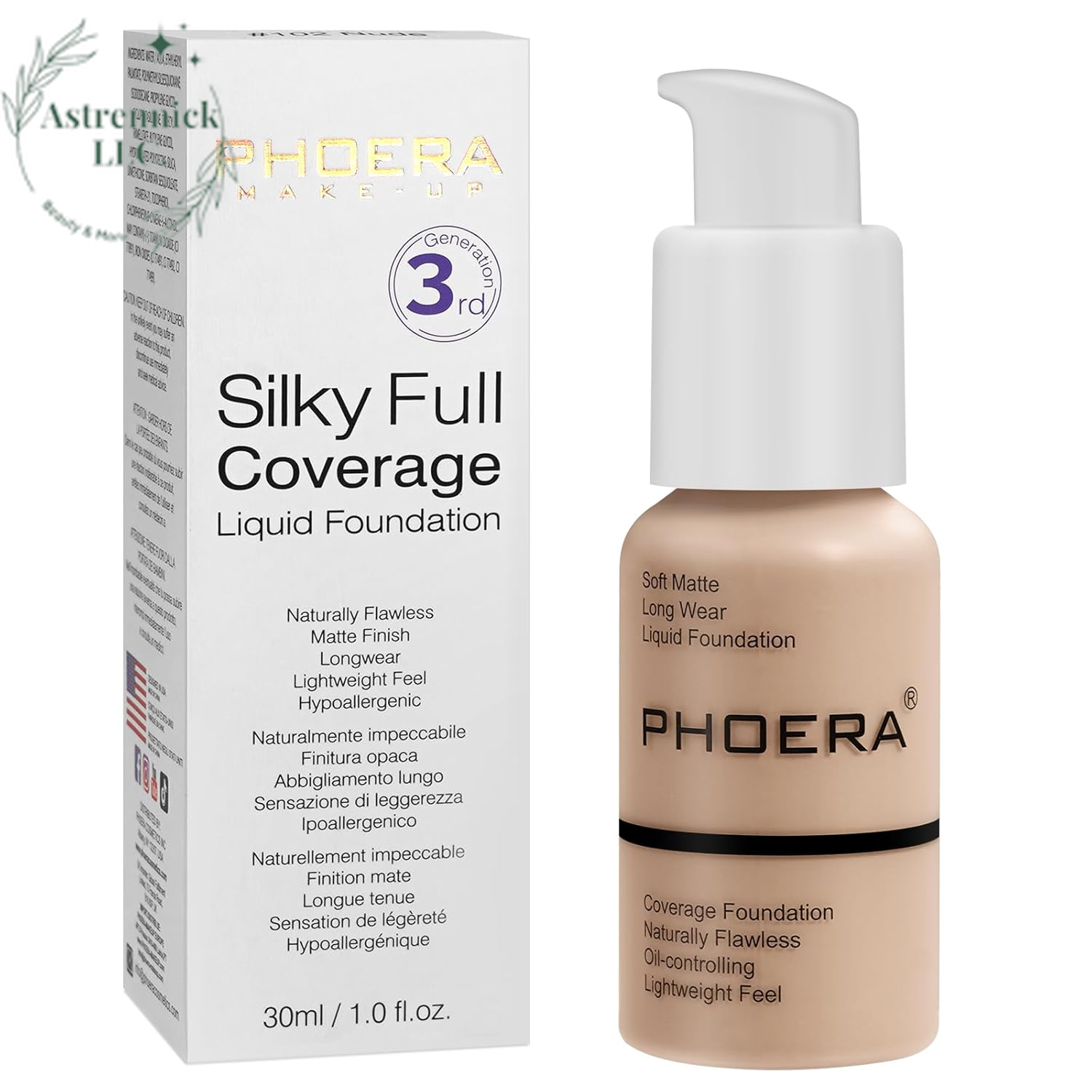 PHOERA Full Coverage Matte Liquid Foundation - Flawless 24HR Oil Control Concealer for Women (30ml, Shade 102 - Nude)