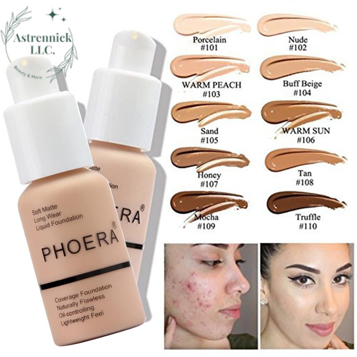 PHOERA Full Coverage Matte Liquid Foundation - Flawless 24HR Oil Control Concealer for Women (30ml, Shade 102 - Nude)